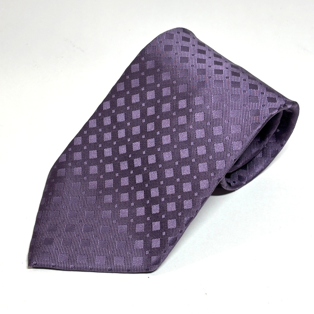 Claiborne Silk Necktie Mens OS Purple Excellent Geometric Square Pattern Tie
